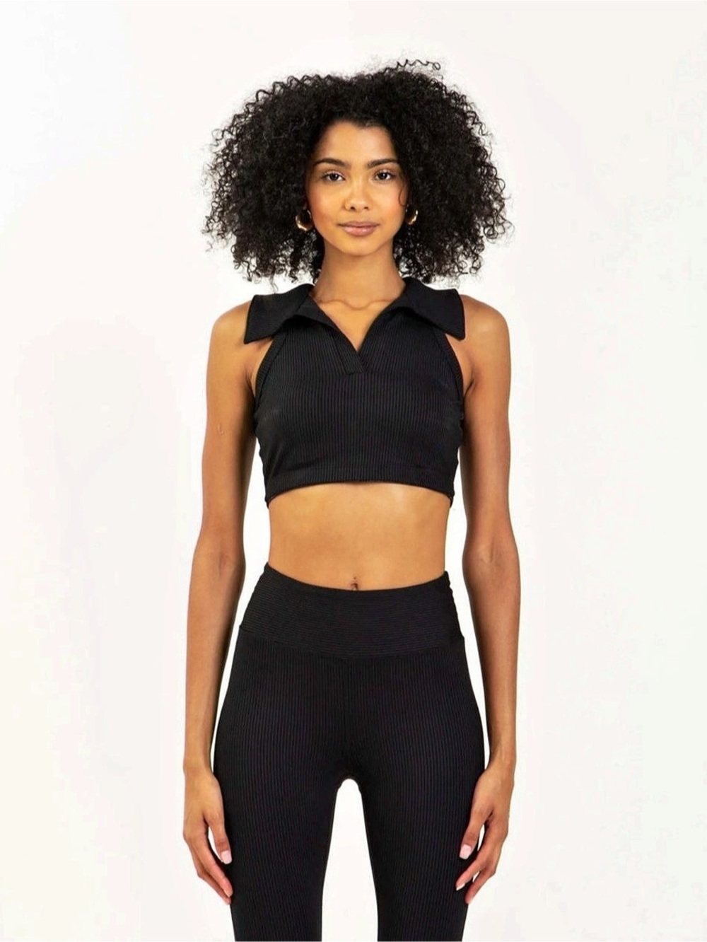 Year of Ours The Gabriela Rib Bra Top Ribbed Collared Crop Top in Black Small